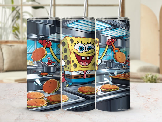 SpongeBob SquarePants grilling Krabby Patties in a kitchen.