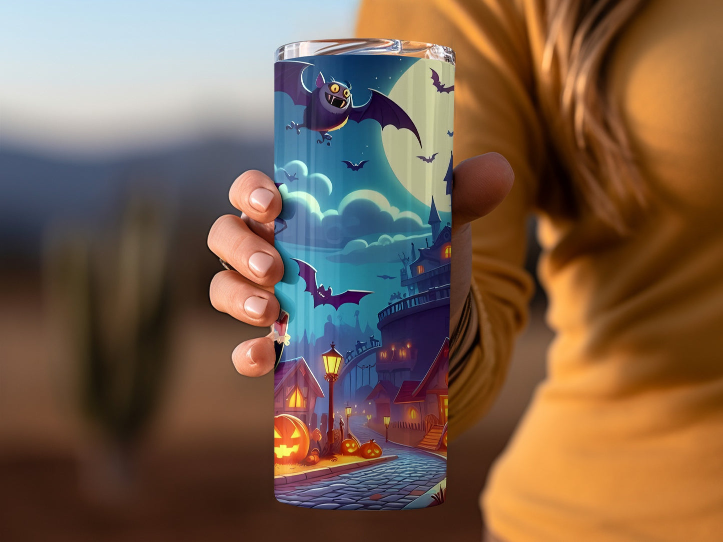 Halloween Night Scene with Bats and Pumpkins Tumbler