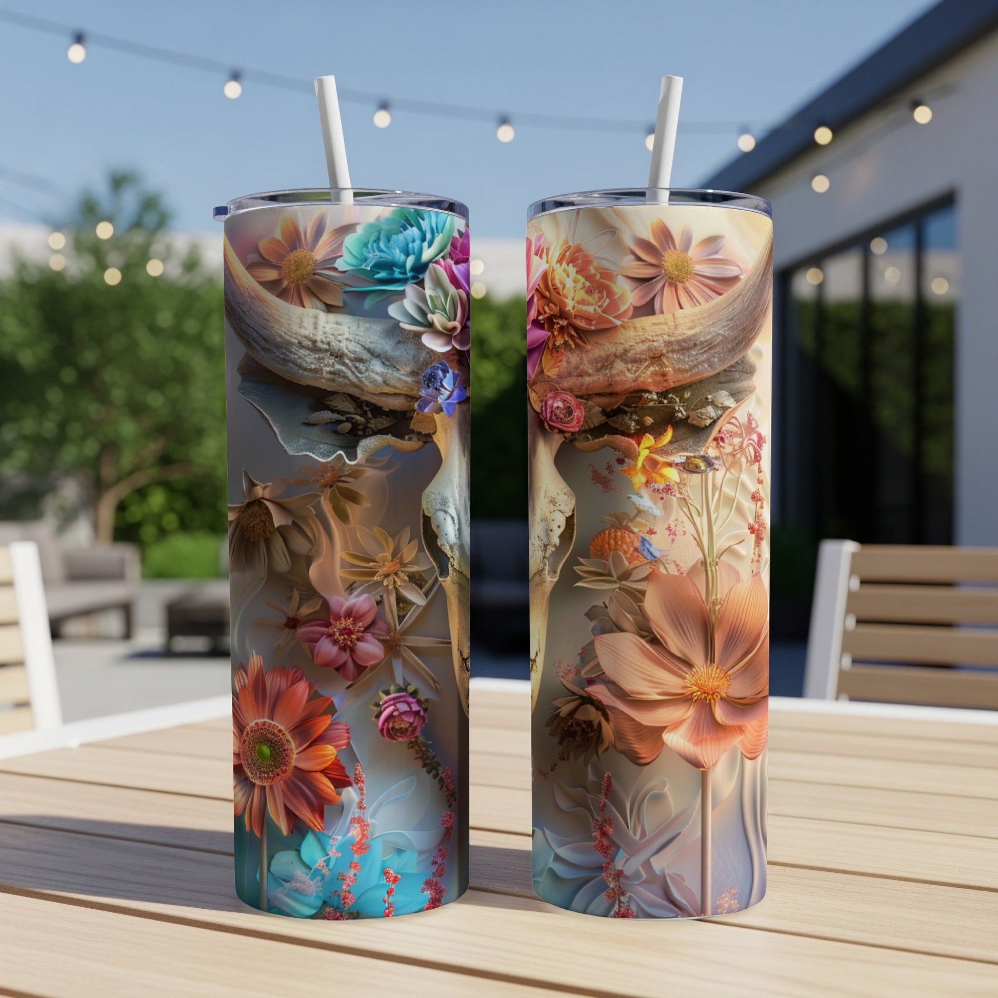 Two tall tumblers with floral and antler designs on a table outdoors.