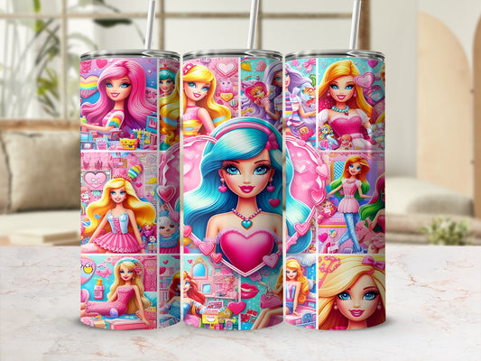 Collage of colorful cartoon girls with hearts and stars, on a pink and white tumbler.