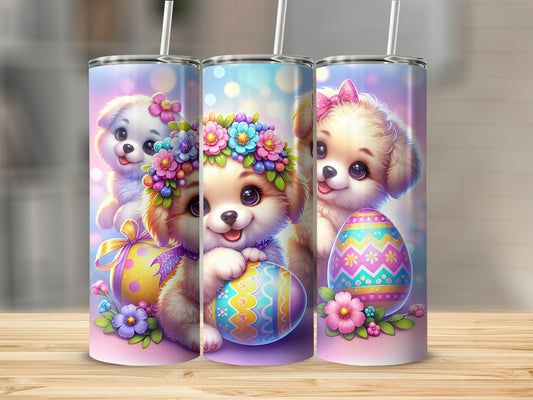 Three puppies in floral wreaths hold colorful Easter eggs.