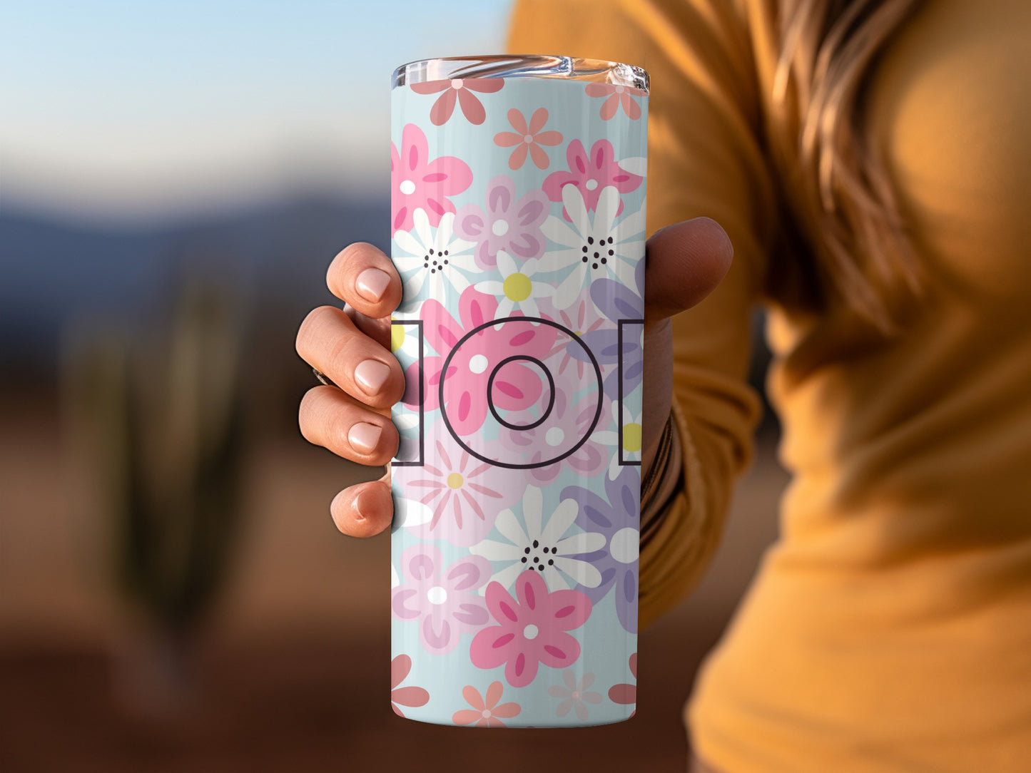 Floral Pattern Travel Tumbler Cup with Pink and Purple Flowers