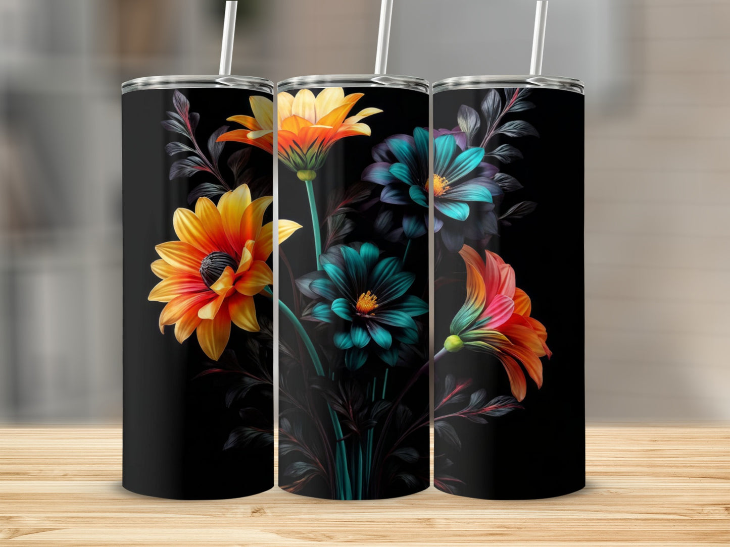 Black tumbler with vibrant orange and teal floral design.