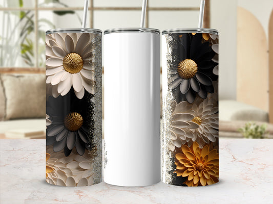 Three tumblers with floral designs and glitter accents.