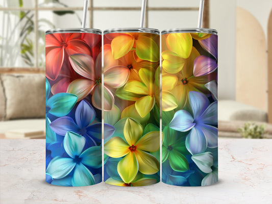 Three tumblers with a vibrant, colorful floral pattern.