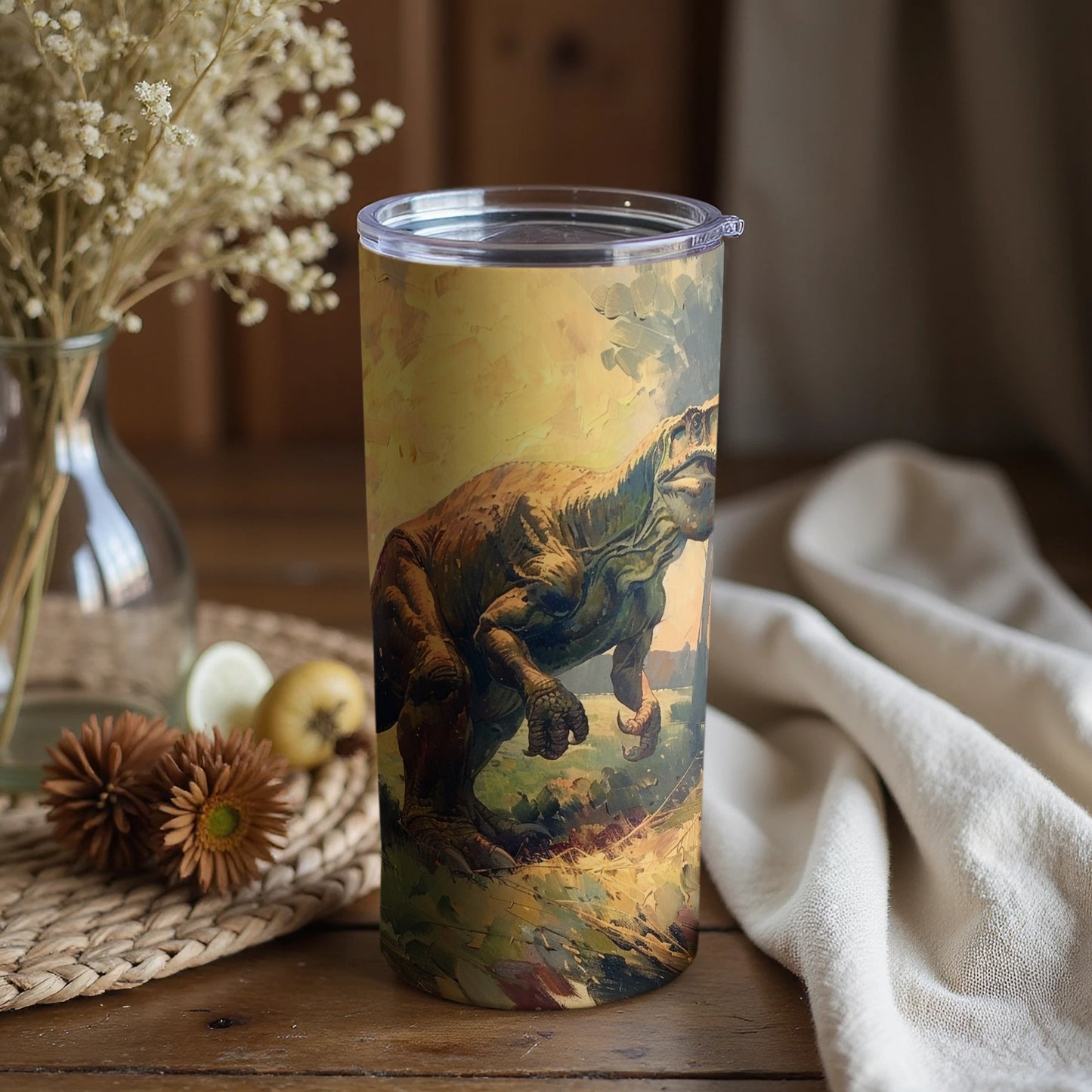 Tyrannosaurus Rex Artistic Dinosaur Tumbler Product Type
Tumbler, Dinosaur, T-Rex, TyrannosaurusRex, Dino, Prehistoric, Jurassic, Creature Art, Animal Design, Artistic Print, Illustrated, Drinkware, Beverage, Unique Gift, Dino Fan, Extinct Animal, Green Theme, Brown Tones, Wildlife Art, Adventure Style