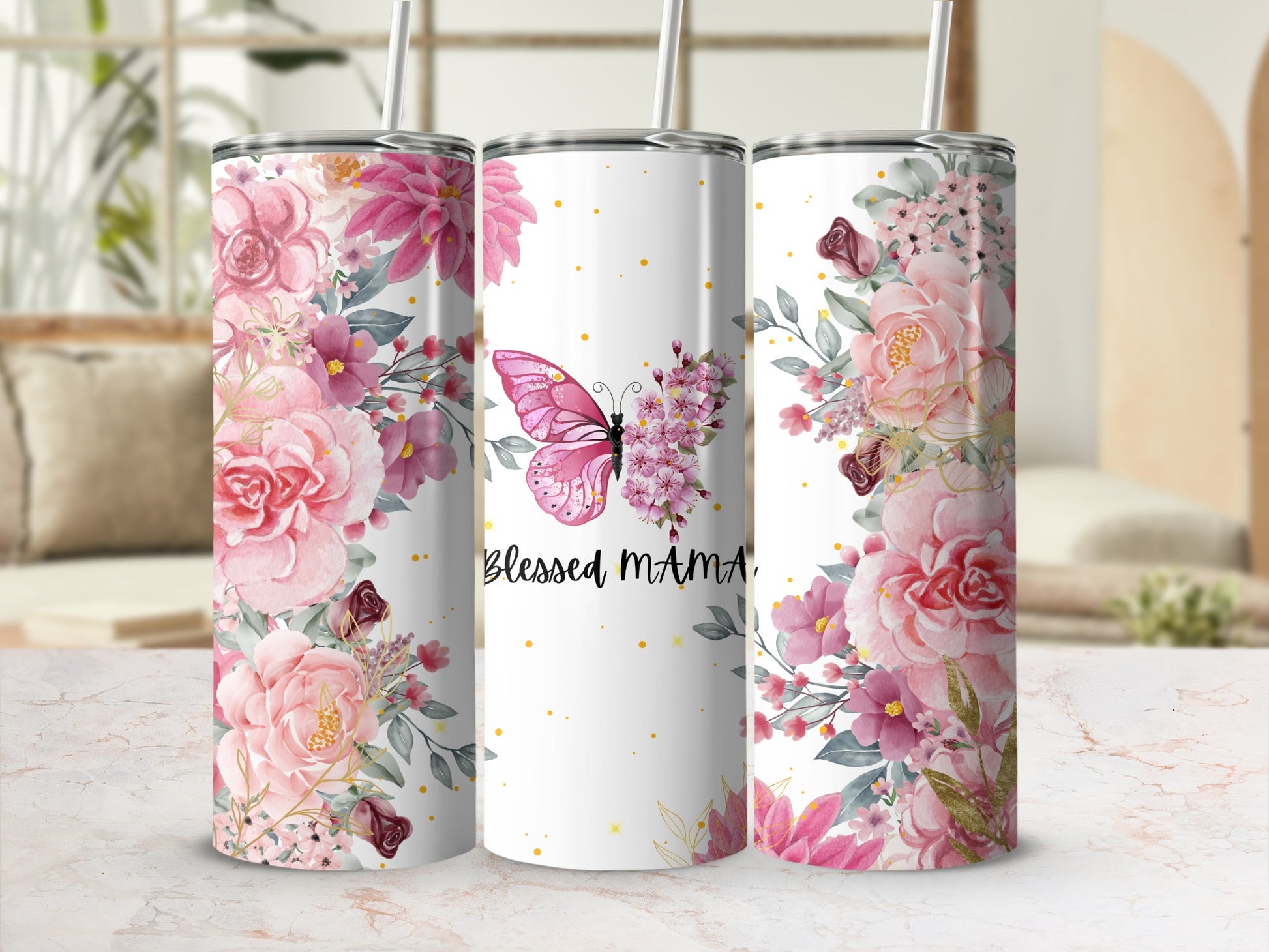 Beautiful Floral And Blessed Mama Tumbler Cup Design