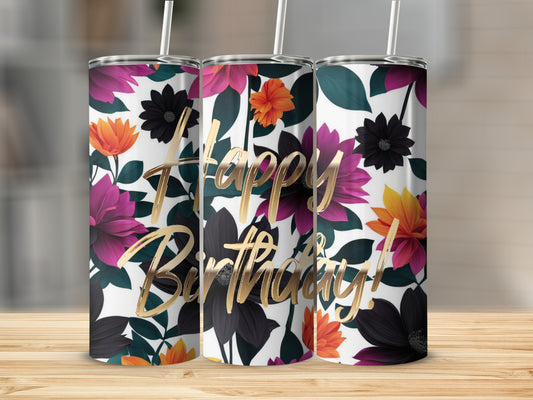Three tumblers with floral patterns and "Happy Birthday" text.