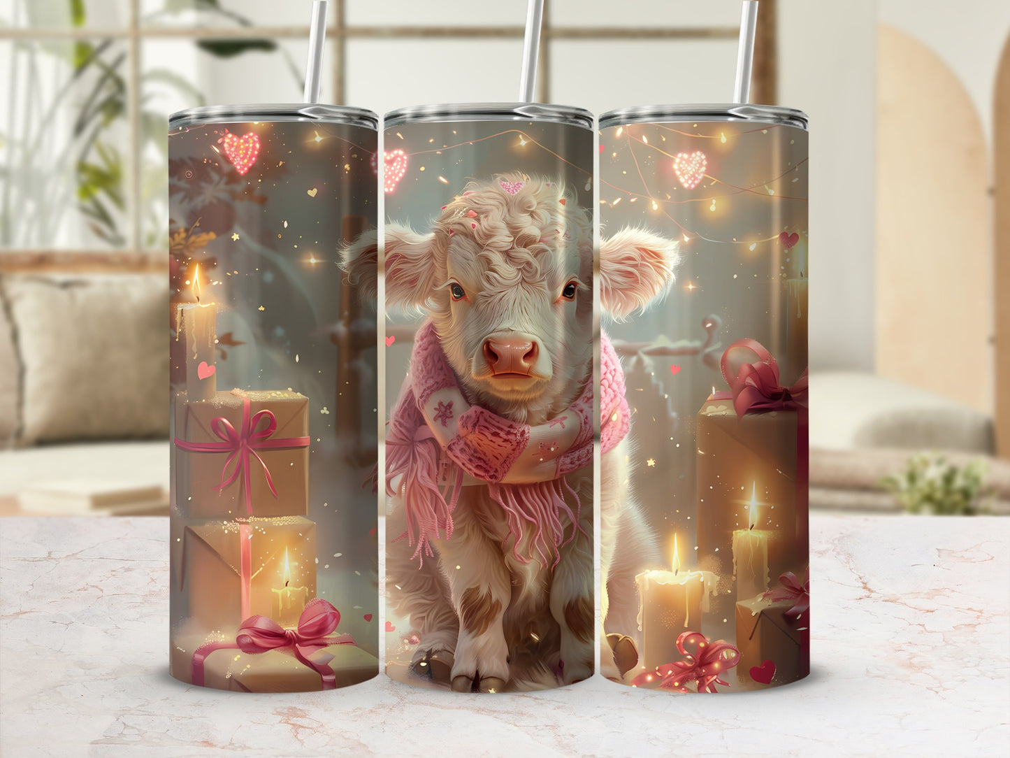 Cute cow with pink scarf and heart lights on holiday gifts.