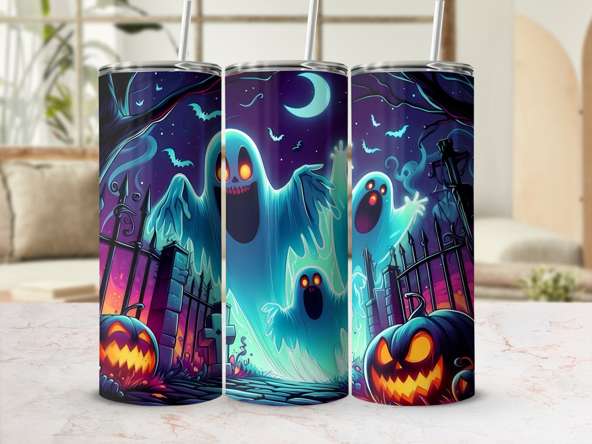 Three tumblers with a spooky Halloween ghost and pumpkin design under a moonlit sky.