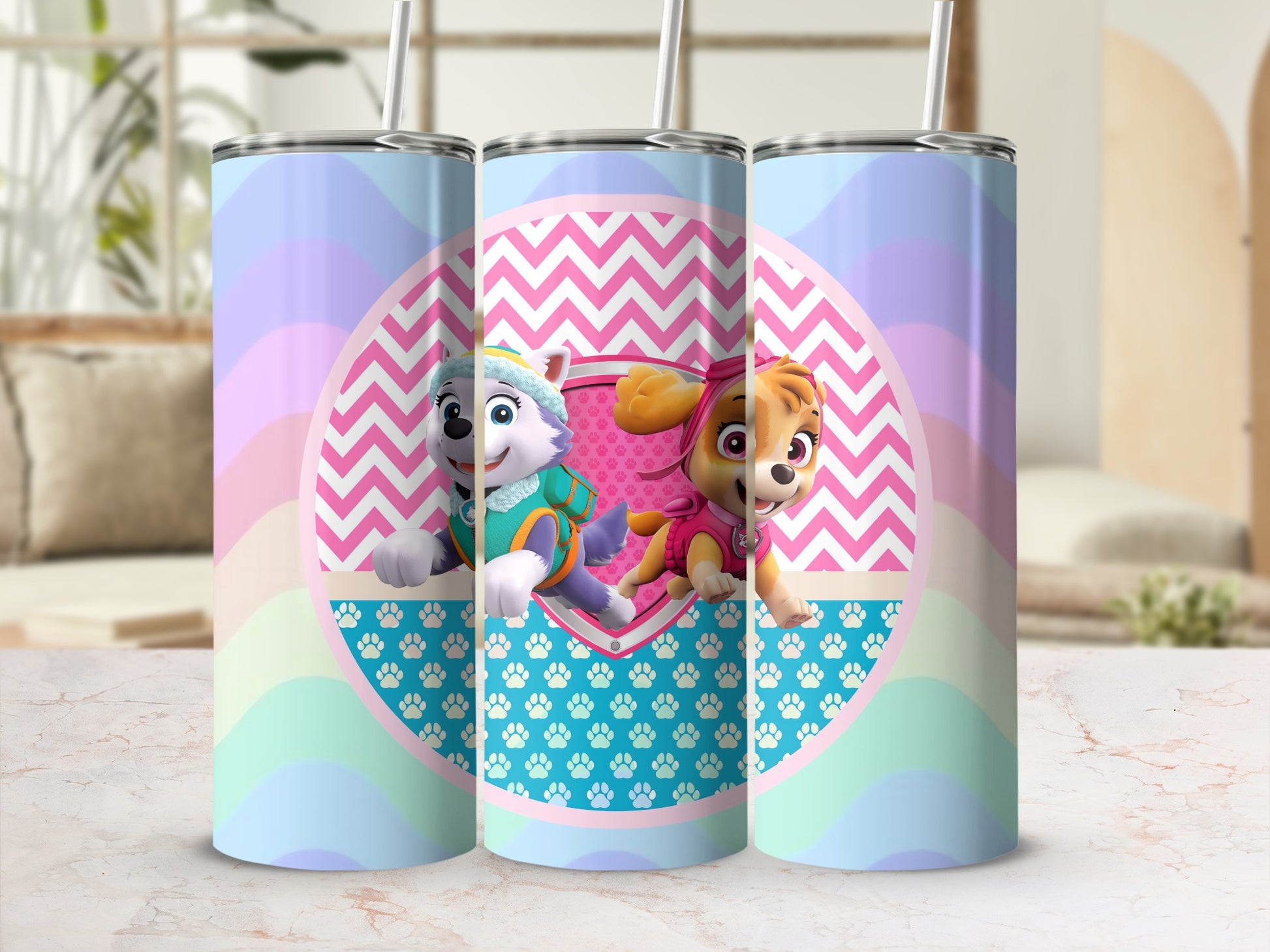 Colorful Paw Patrol Design Tumbler with Fun Zigzag Background