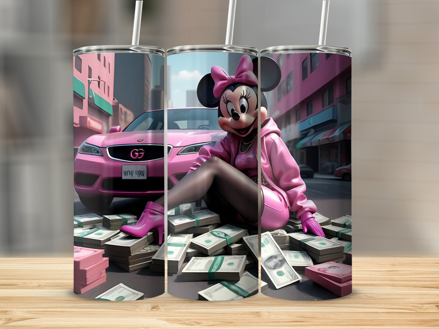 Pink Cartoon Character with Money Design Tumbler