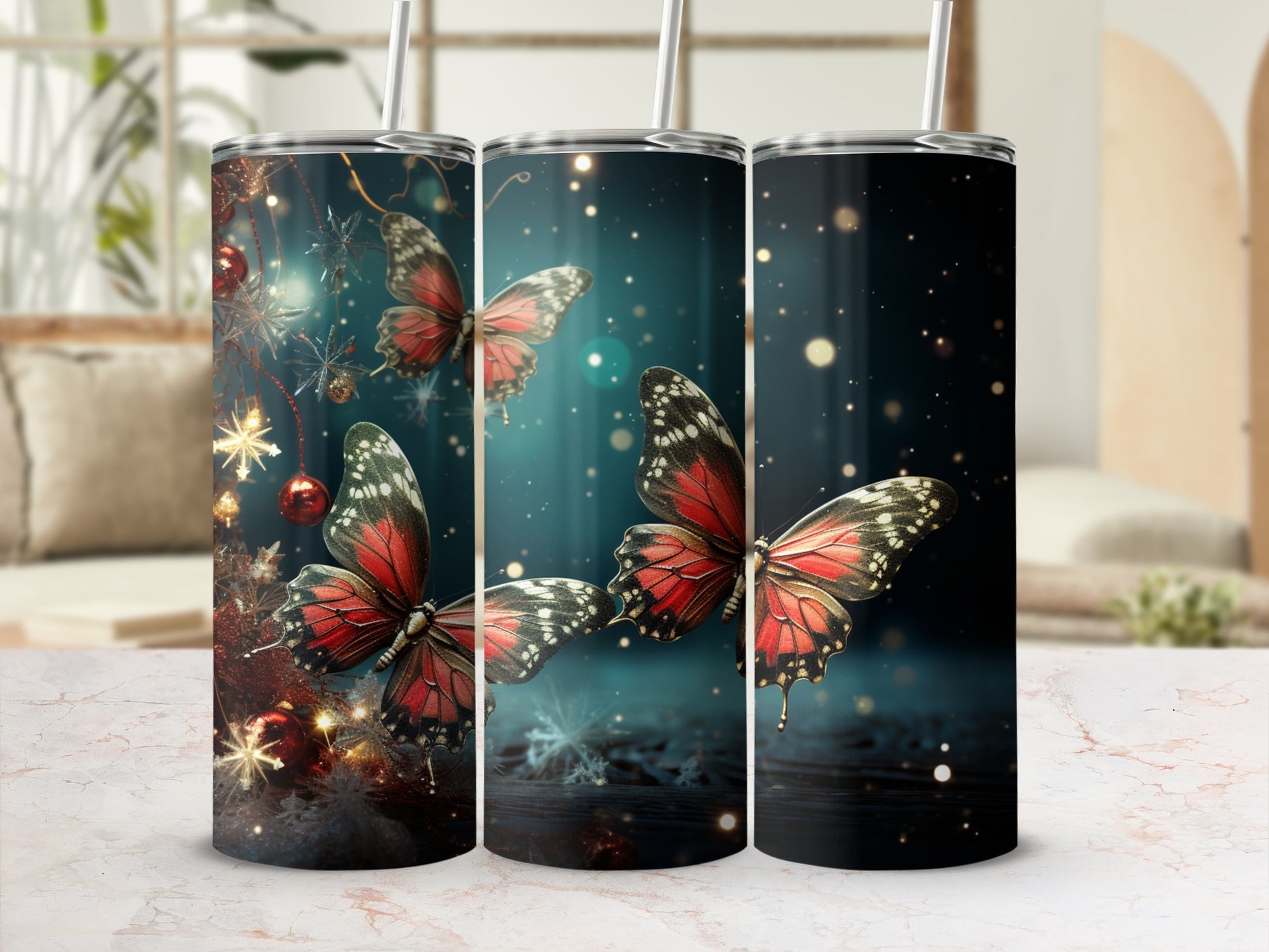 Three tumblers featuring red and black butterflies against a dark, sparkly background.