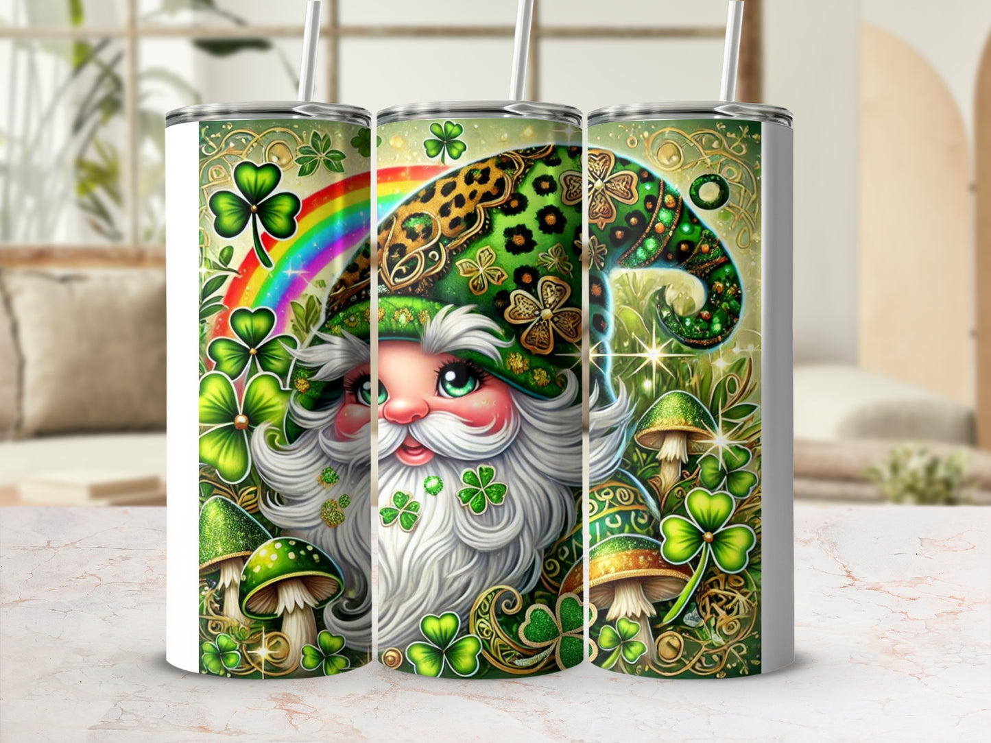 St. Patrick's Day gnome with shamrocks, mushrooms, and rainbow on a tumbler.