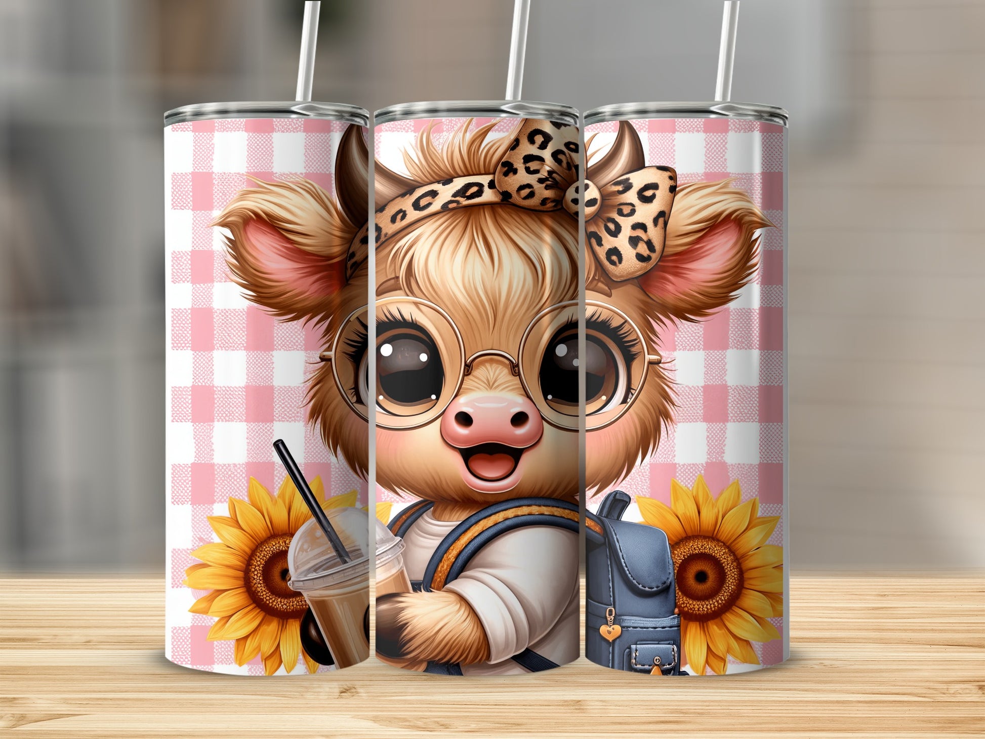 Cute cartoon cow wearing glasses and backpack with sunflower and coffee.