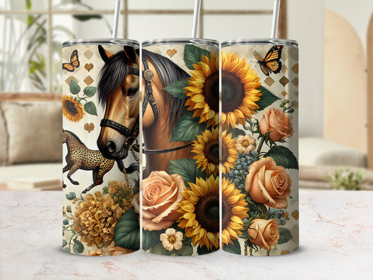 Horse, sunflowers, roses, and butterflies on a patterned tumbler.