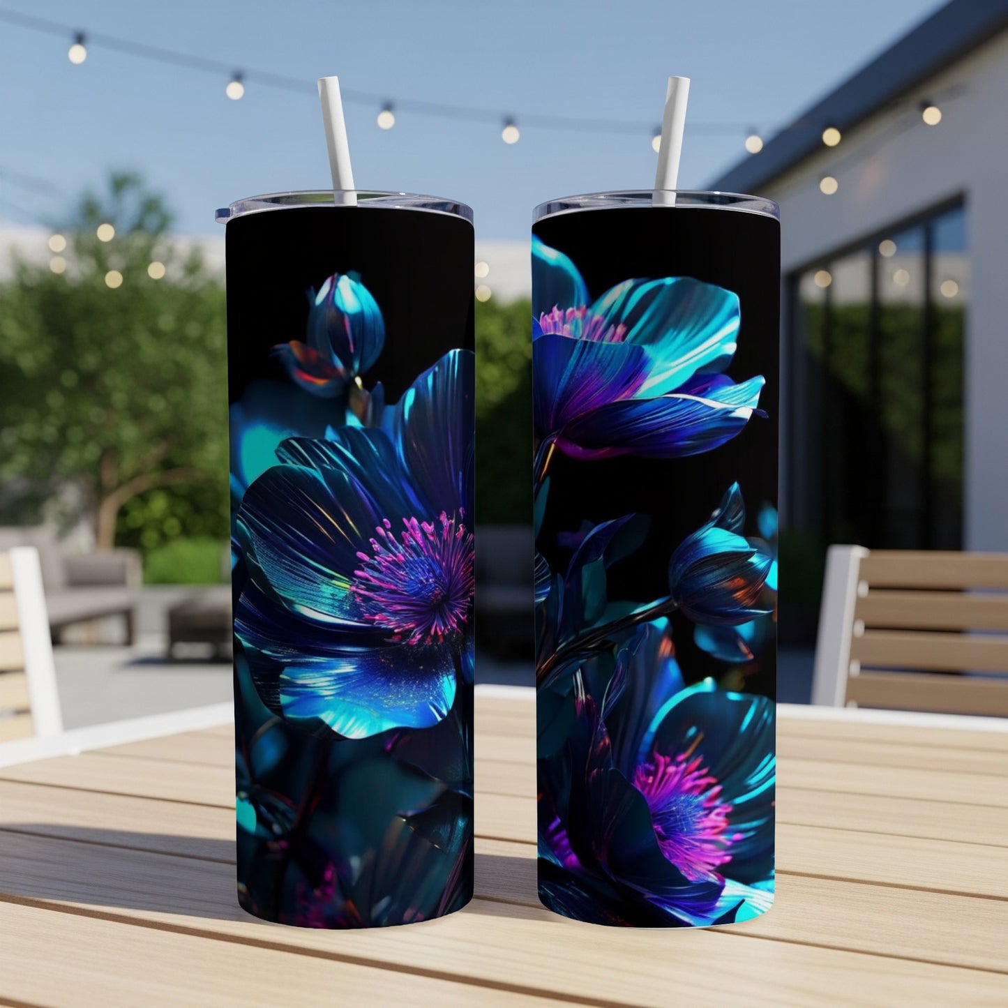 Two tumblers with iridescent blue and purple floral design.