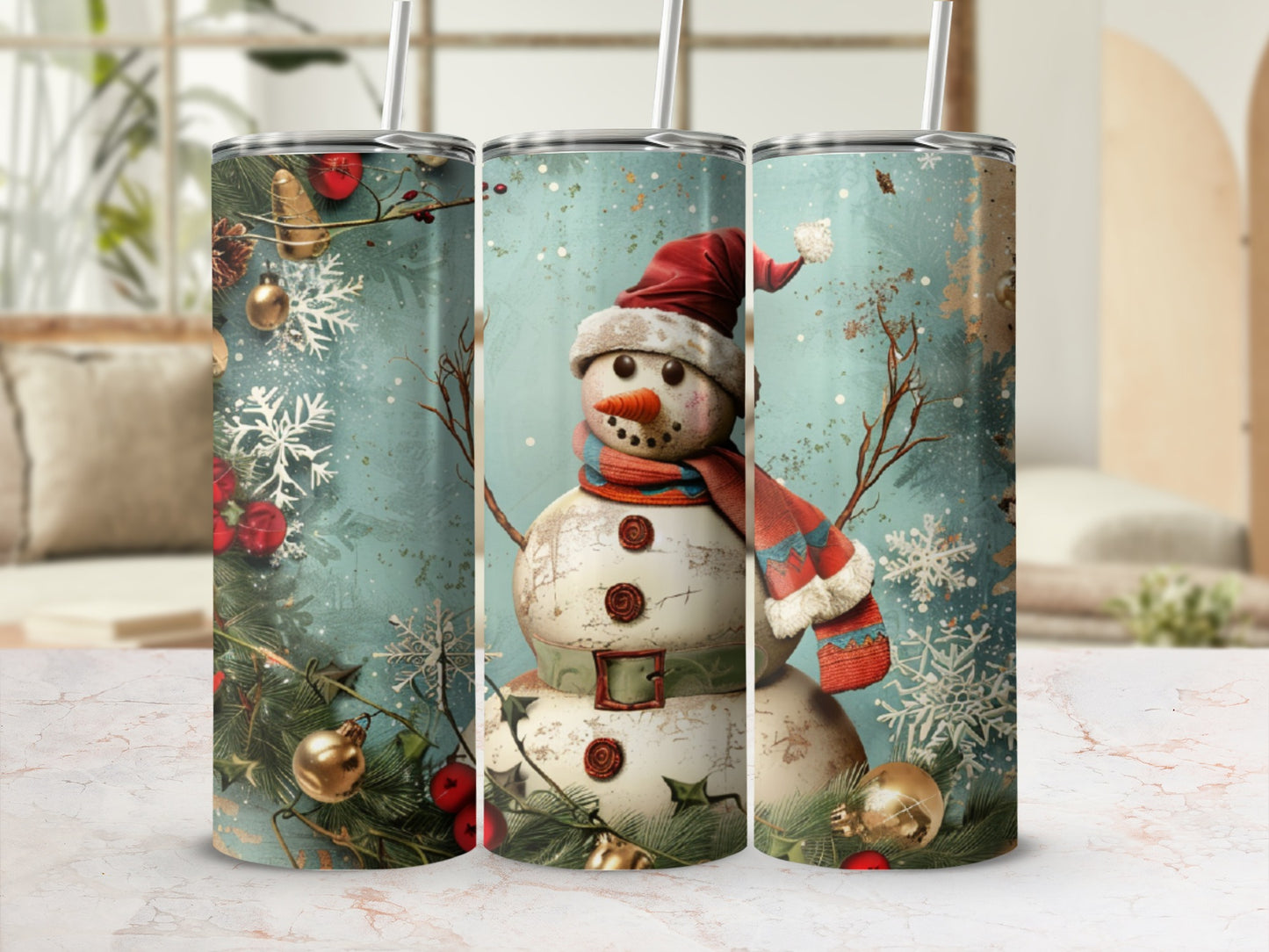 Snowman with Santa hat and scarf, surrounded by festive winter greenery and ornaments.