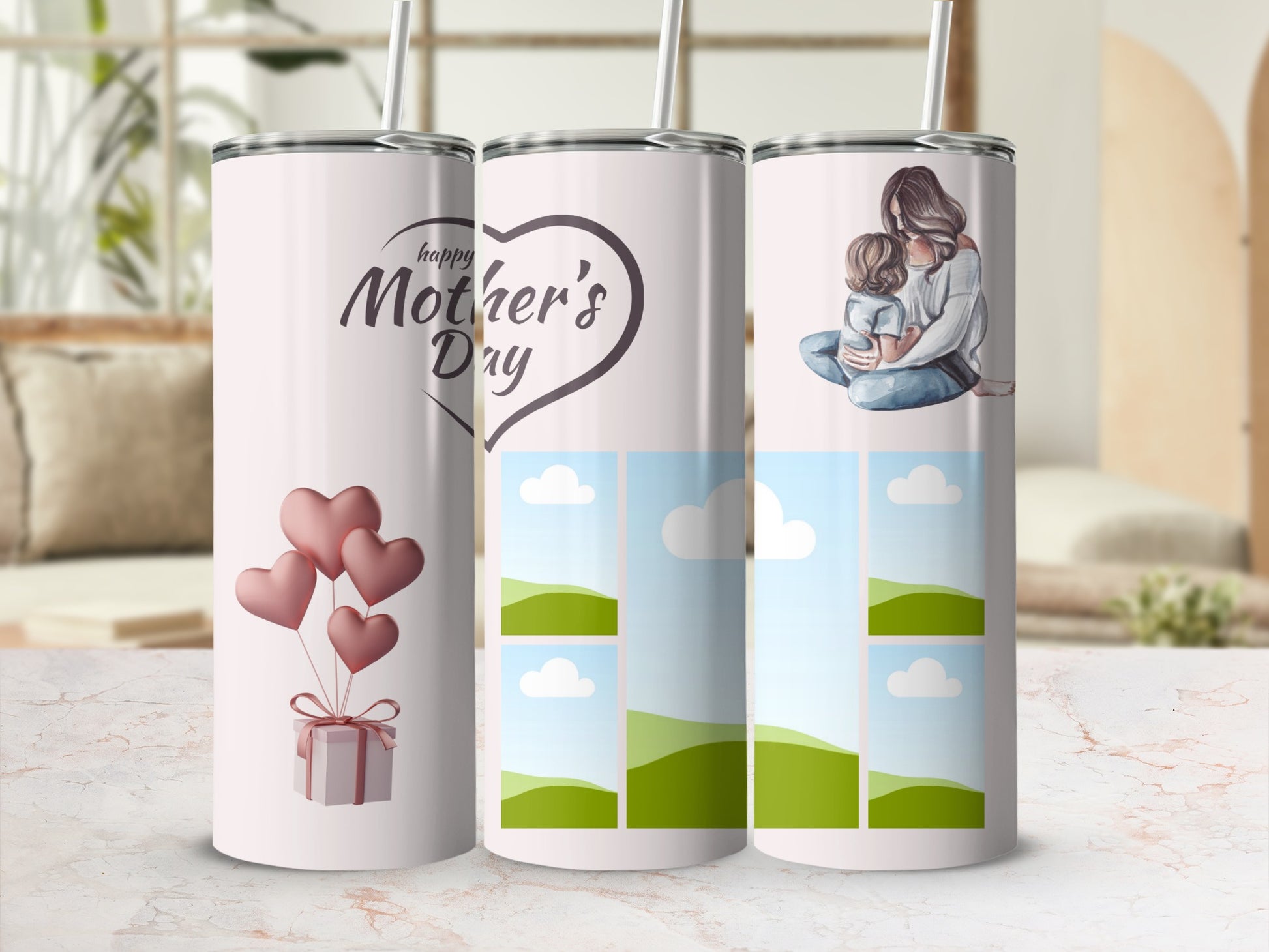 Tumbler with "happy Mother's Day" text, heart balloons, mother and child art, and photo placeholders.