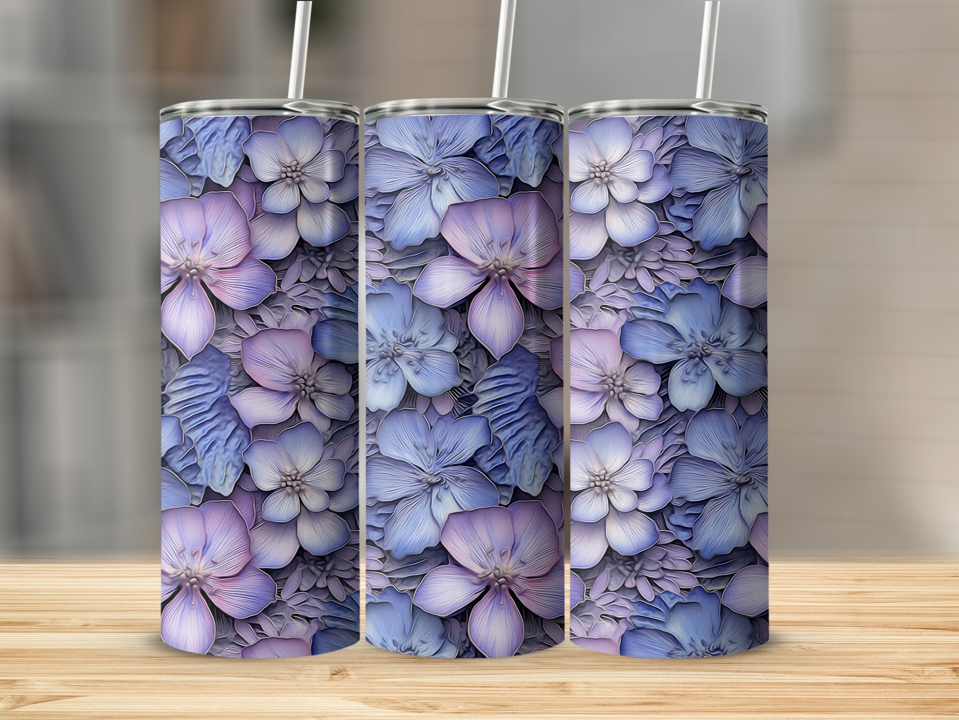 Purple and Blue Flower Pattern on Drink Tumbler Product