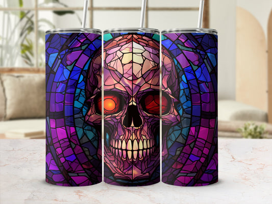 Purple stained glass skull tumbler with red eyes.
