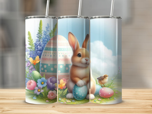 Easter bunny and chick with decorated eggs and flowers.