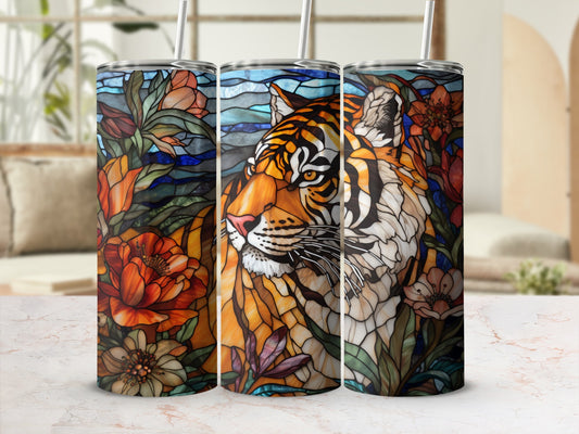 Stained glass tumbler with tiger and floral design.
