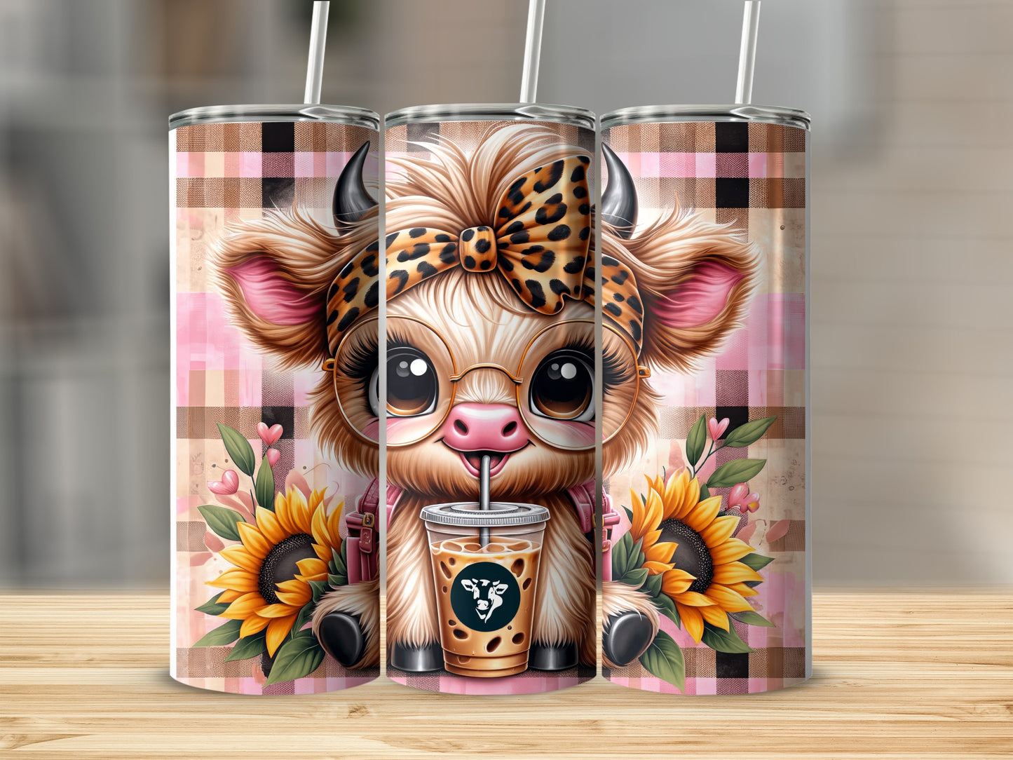 Cute cartoon cow with glasses holding a coffee cup, surrounded by sunflowers.
