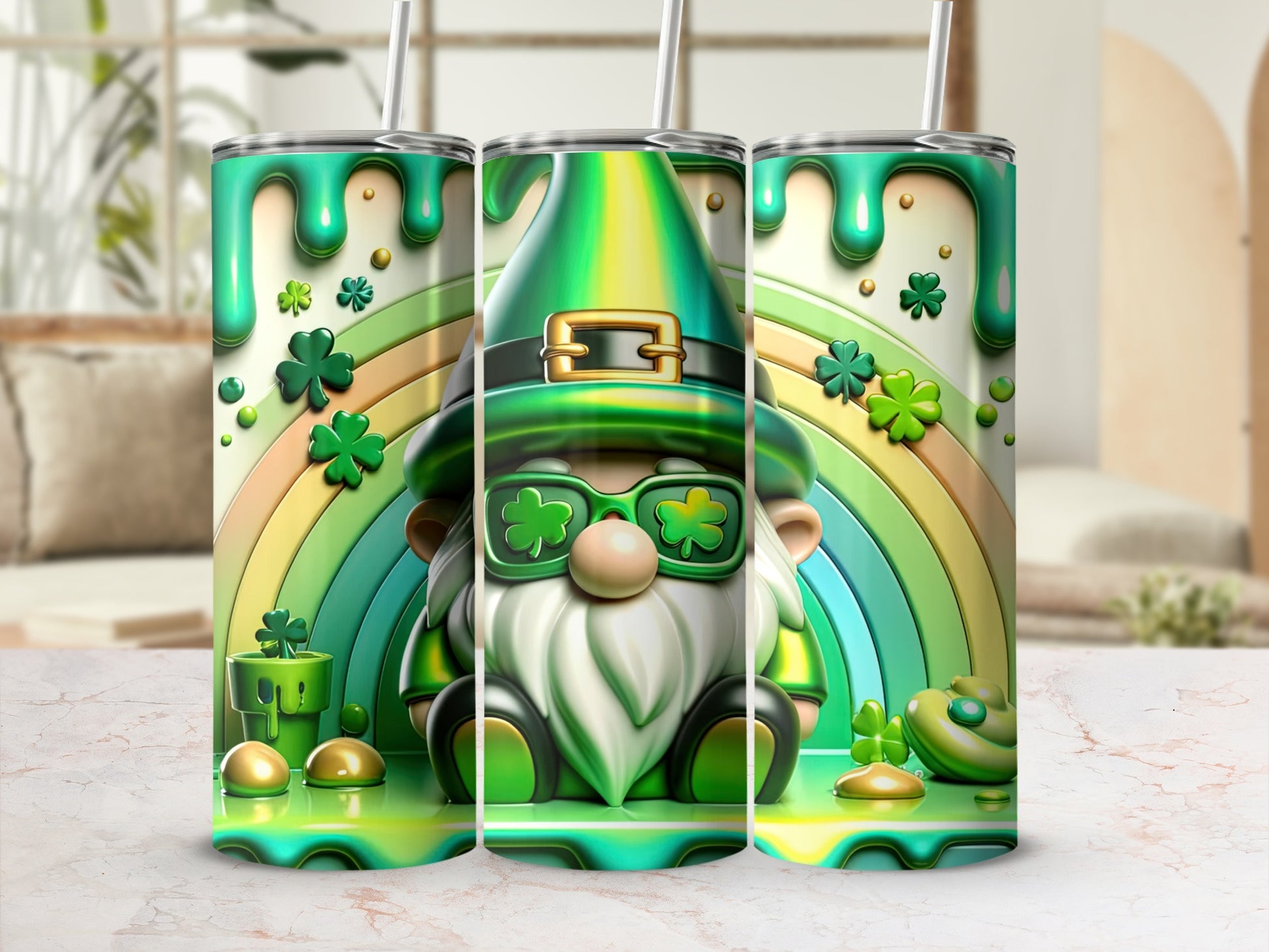 St. Patrick's Day gnome with rainbow and shamrocks on a tumbler.