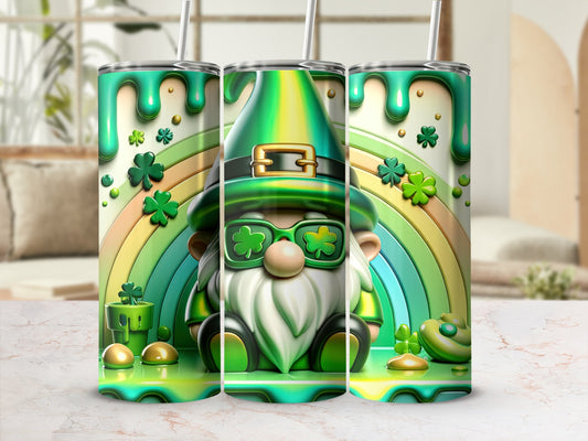 St. Patrick's Day gnome with rainbow and shamrocks on a tumbler.