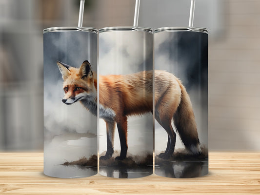 Three tumblers featuring a watercolor-style fox in a misty landscape.