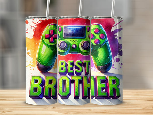 Two tumblers with "BEST BROTHER" text and video game controller design.