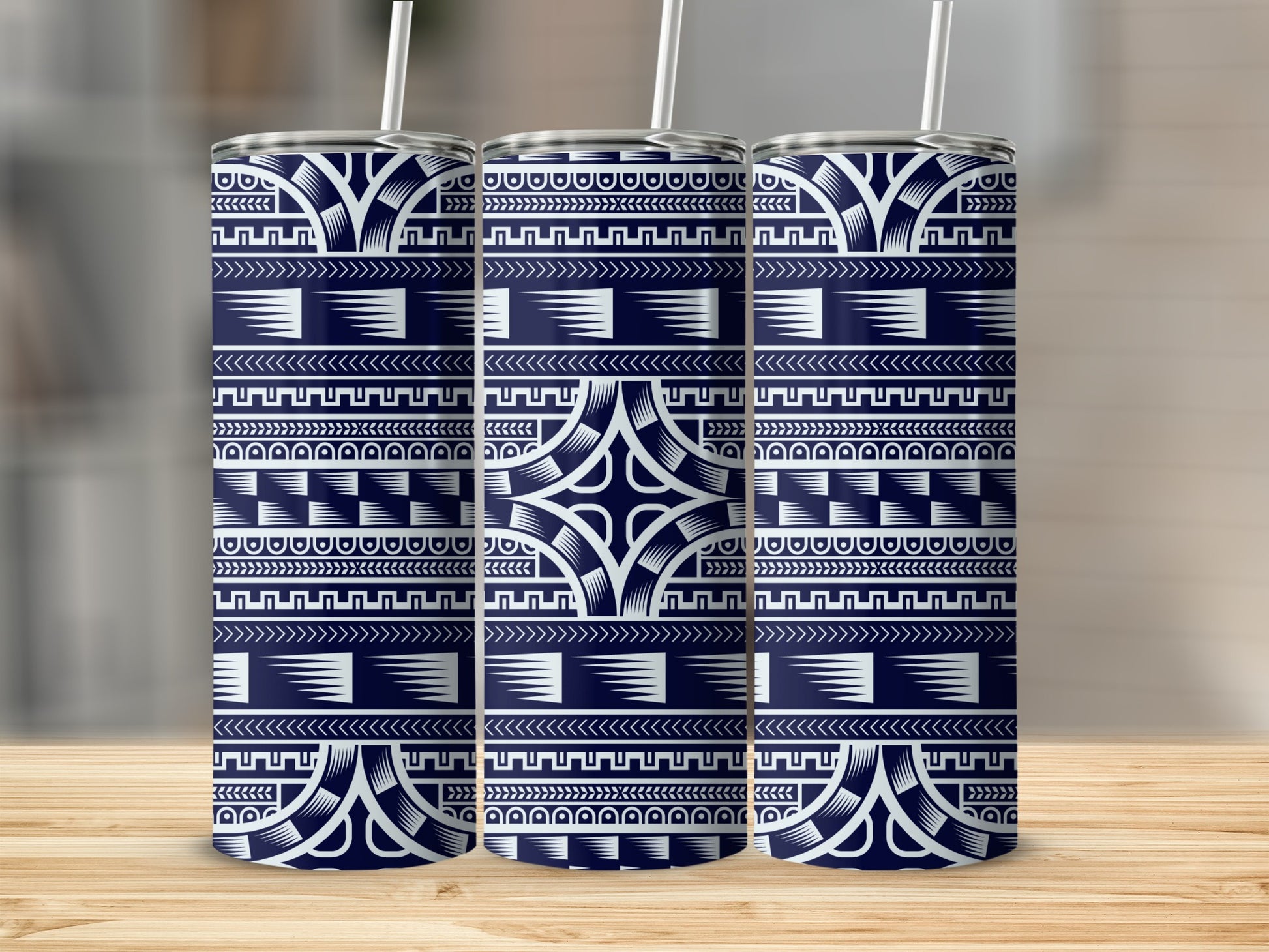 Geometric Blue and White Pattern Insulated Tumbler