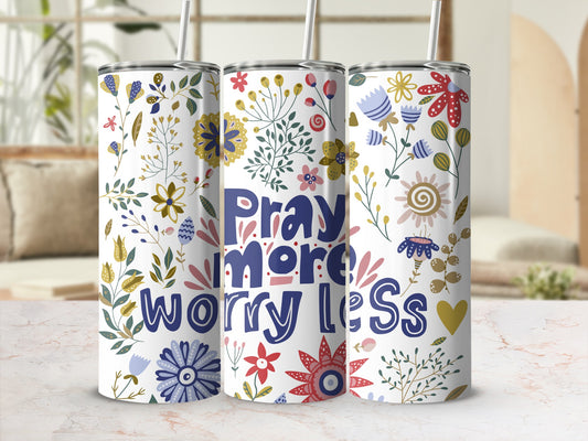 Pray More Worry Less Floral Tumbler with Straw
