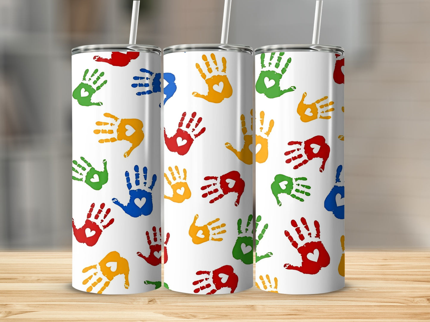Colorful Handprints Tumbler with Heart Pattern Design