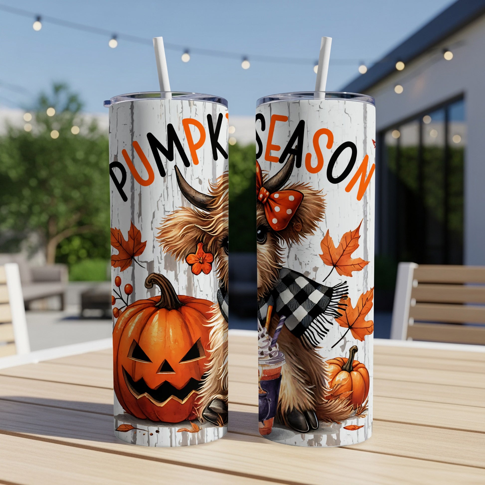Two tumblers with "Pumpkin Season" text, a Highland cow, and pumpkins.