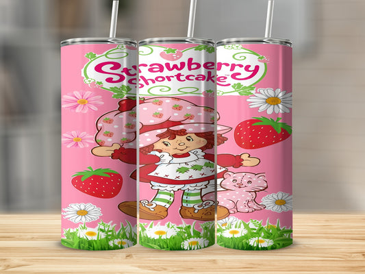 Strawberry Shortcake character with cat and strawberries on a pink background.