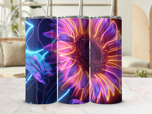 Three tumblers featuring a vibrant neon sunflower design with glowing blue accents.