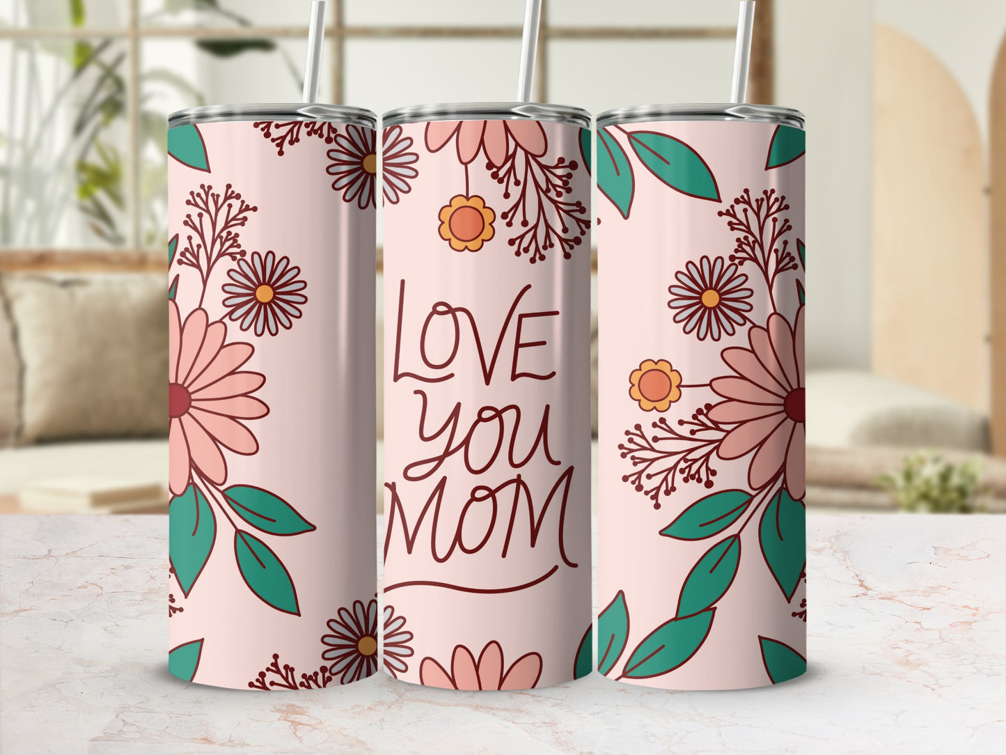 Love You Mom Floral Design Insulated Tumbler Cup
