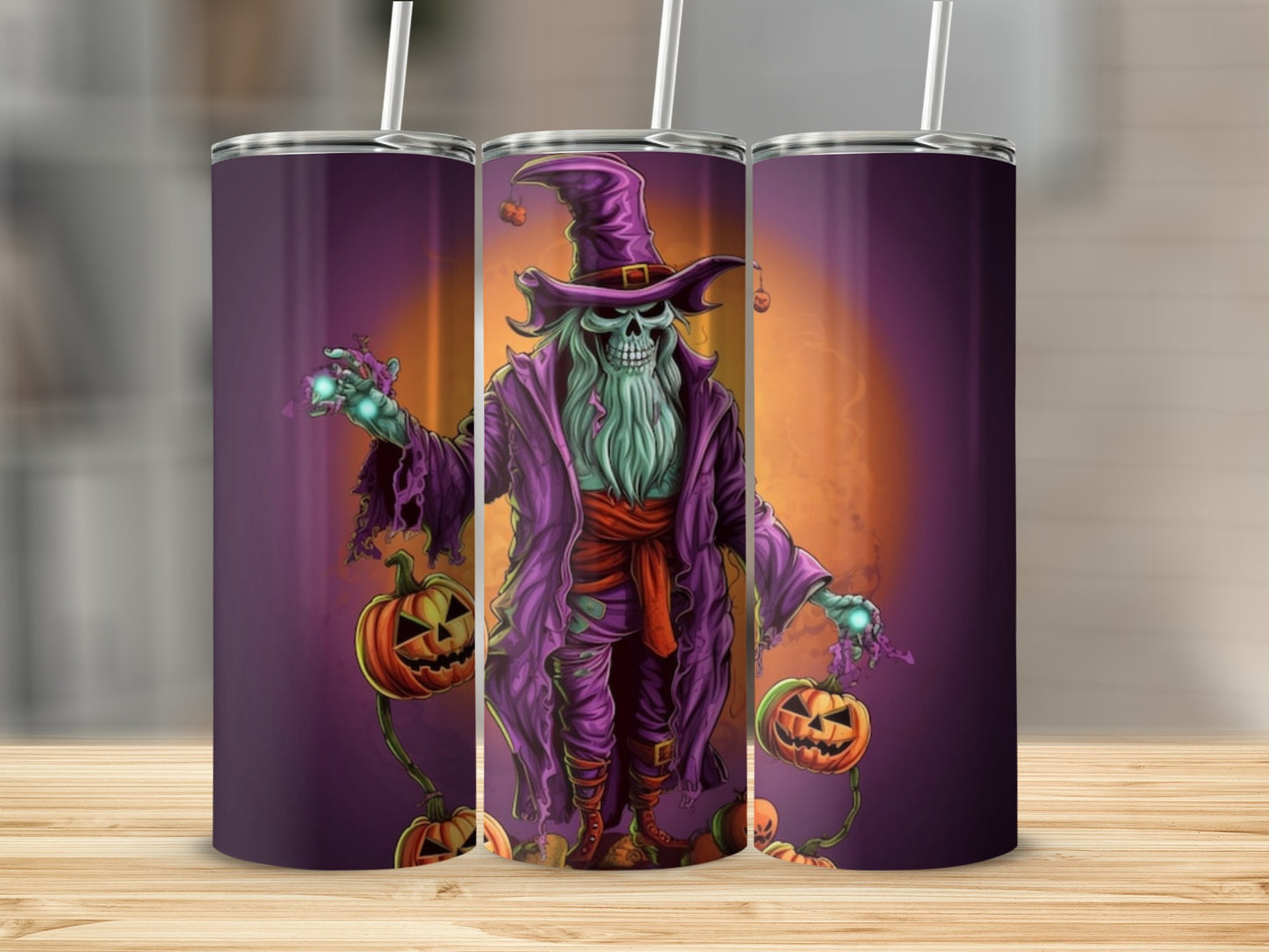 Three tumblers with a spooky skeleton wizard and jack-o'-lantern design.