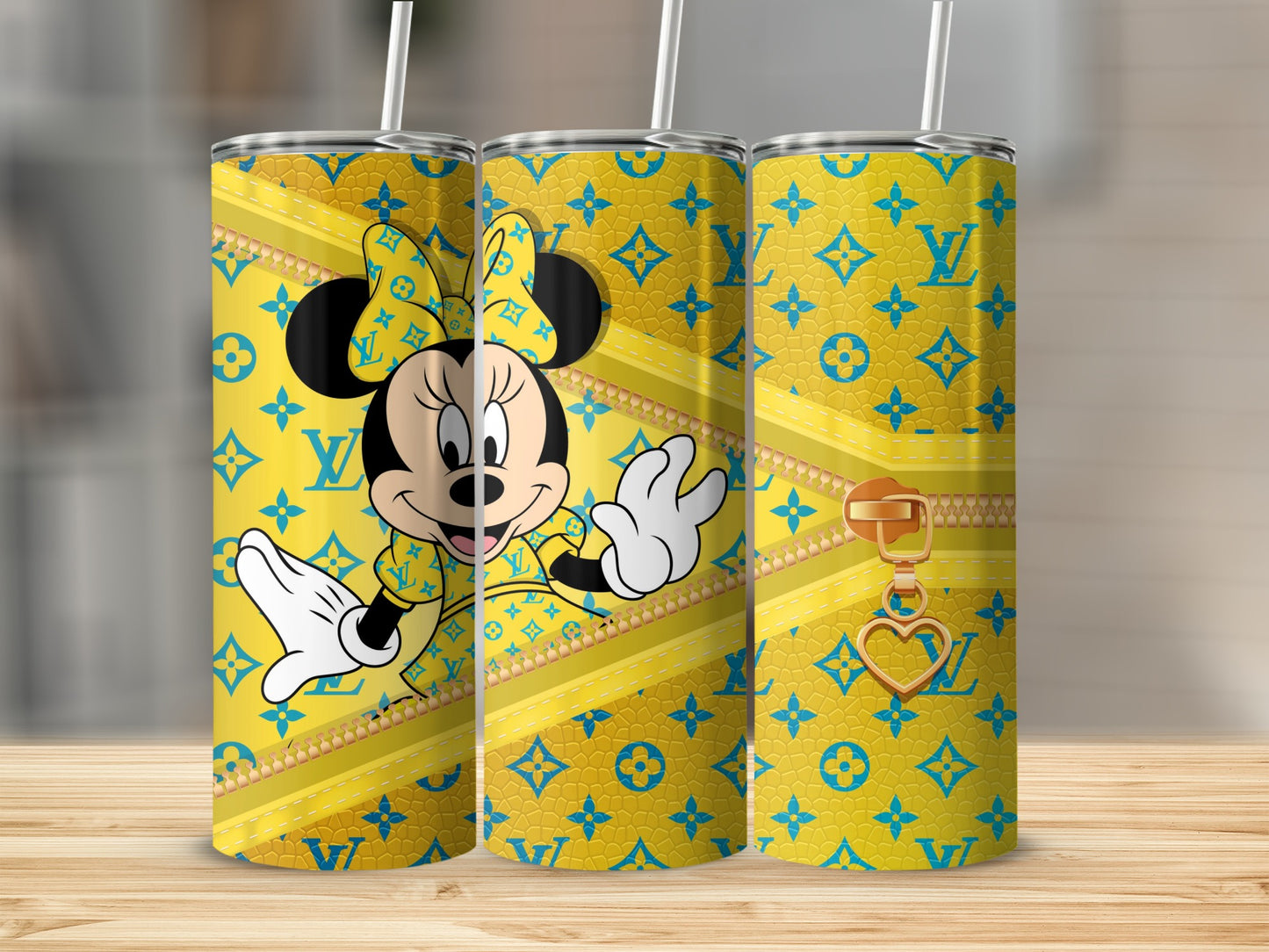 Yellow tumbler with Minnie Mouse and LV monogram pattern.