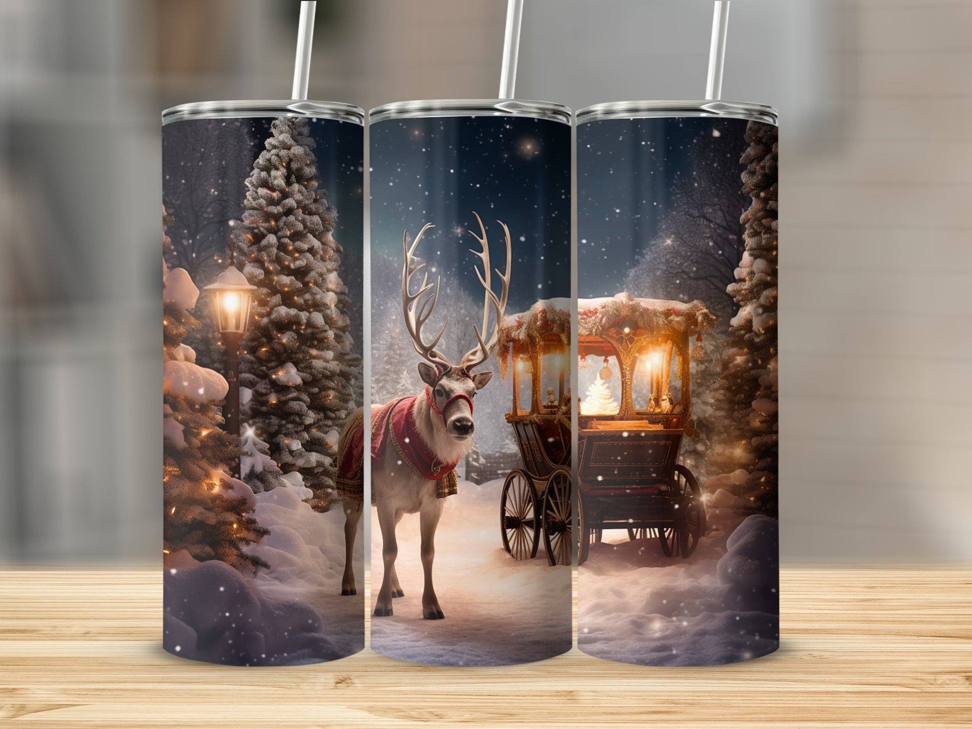 Christmas Reindeer and Wagon Scene Holiday Tumbler