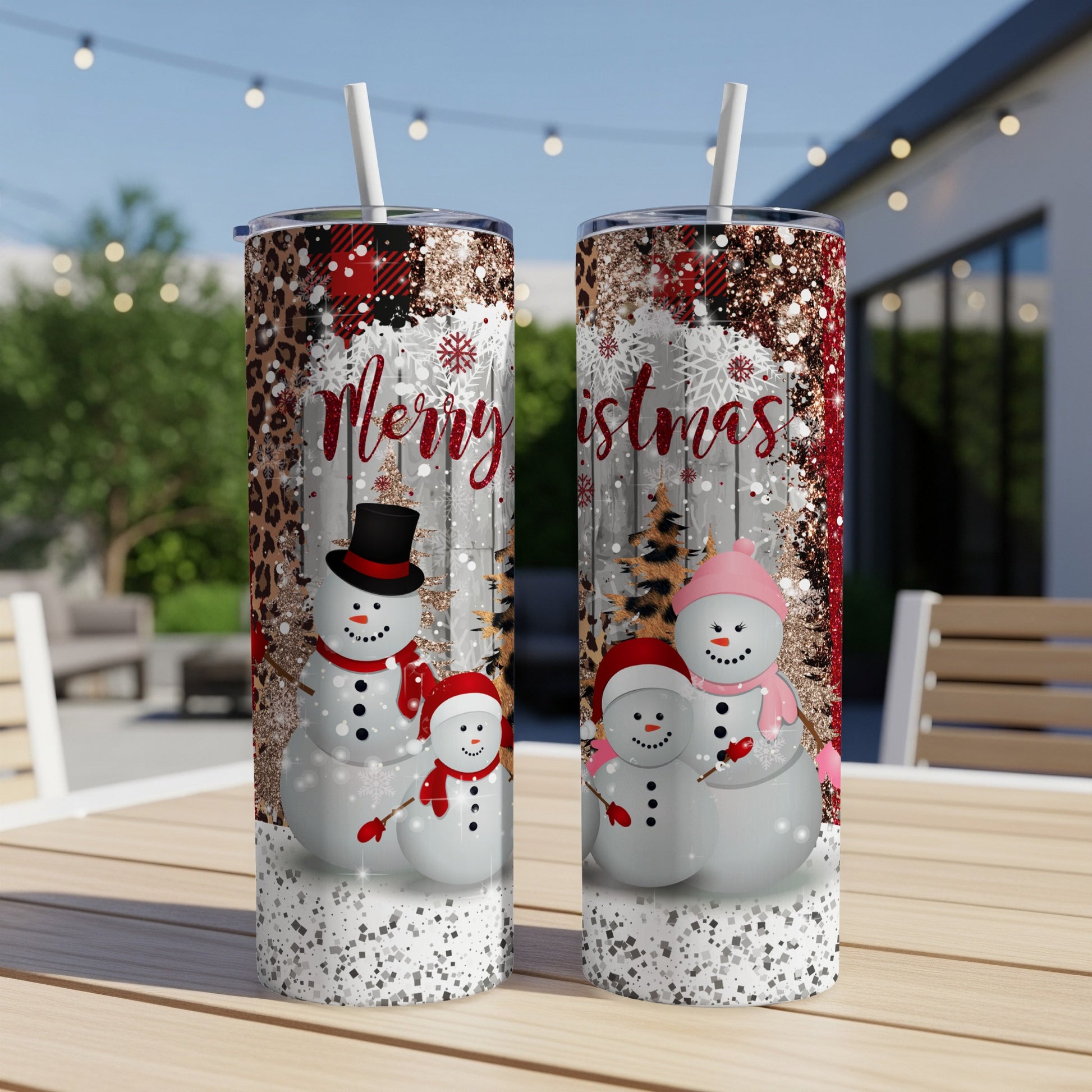 Two tumblers with snowmen, pine trees, and "Merry Christmas" text.