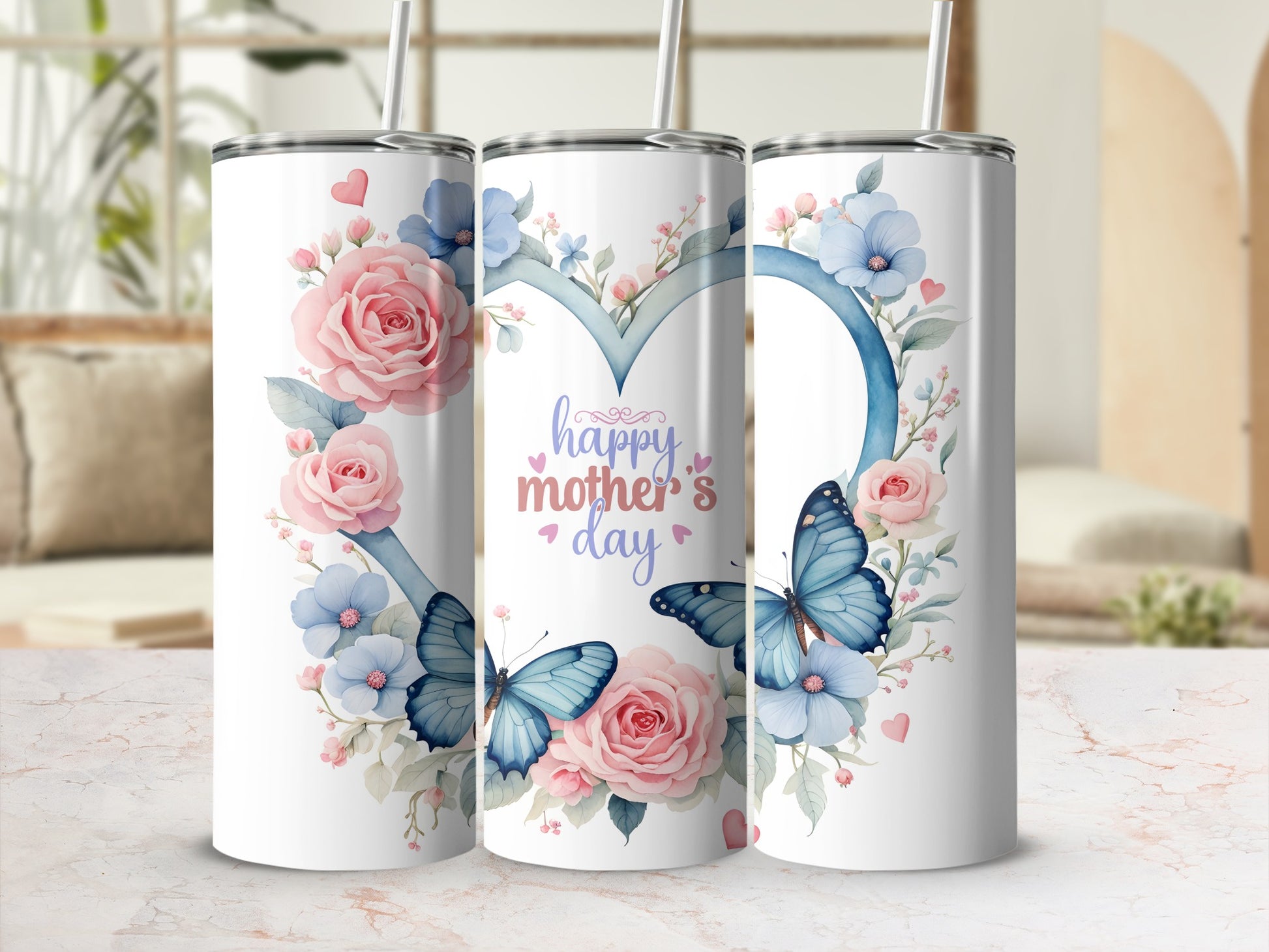 Happy Mother's Day tumbler with floral heart and butterflies.