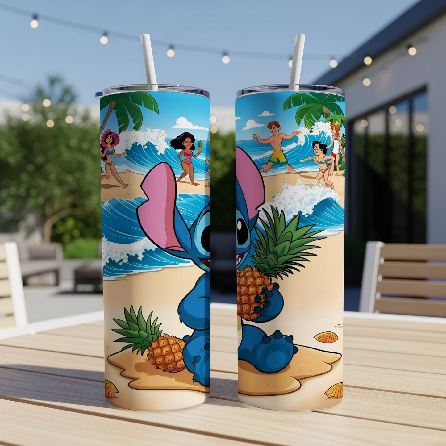 Stitch with pineapples on beach, vacationers in background.