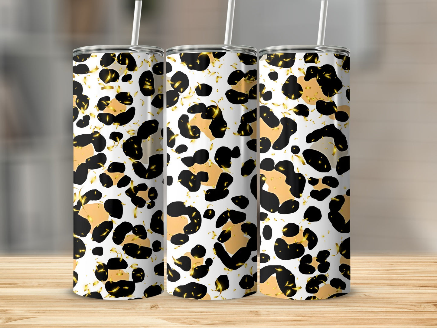 Gold and Black Leopard Print Tumbler with Lid