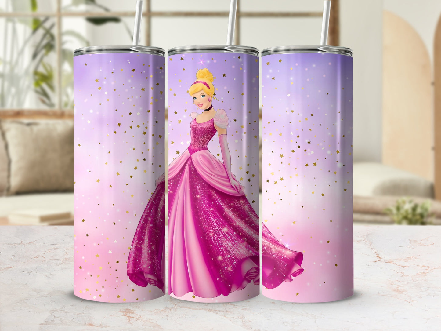 Glittery Pink Princess Tumbler with Star Design 20oz
