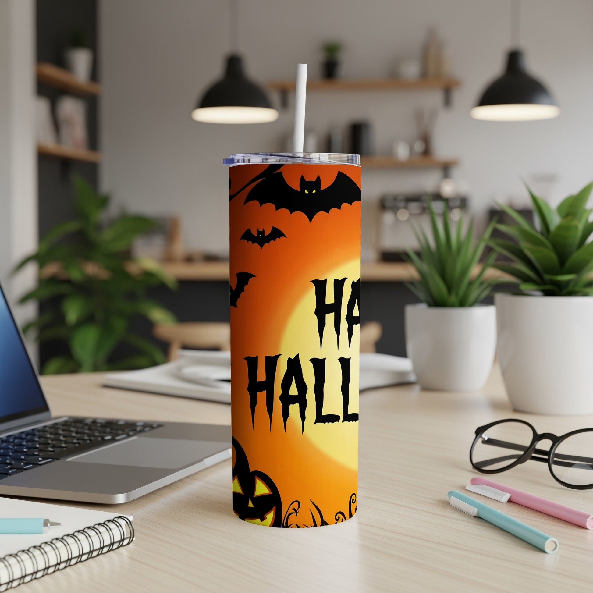 Halloween tumbler with bats, pumpkins, and "Happy Halloween" text.