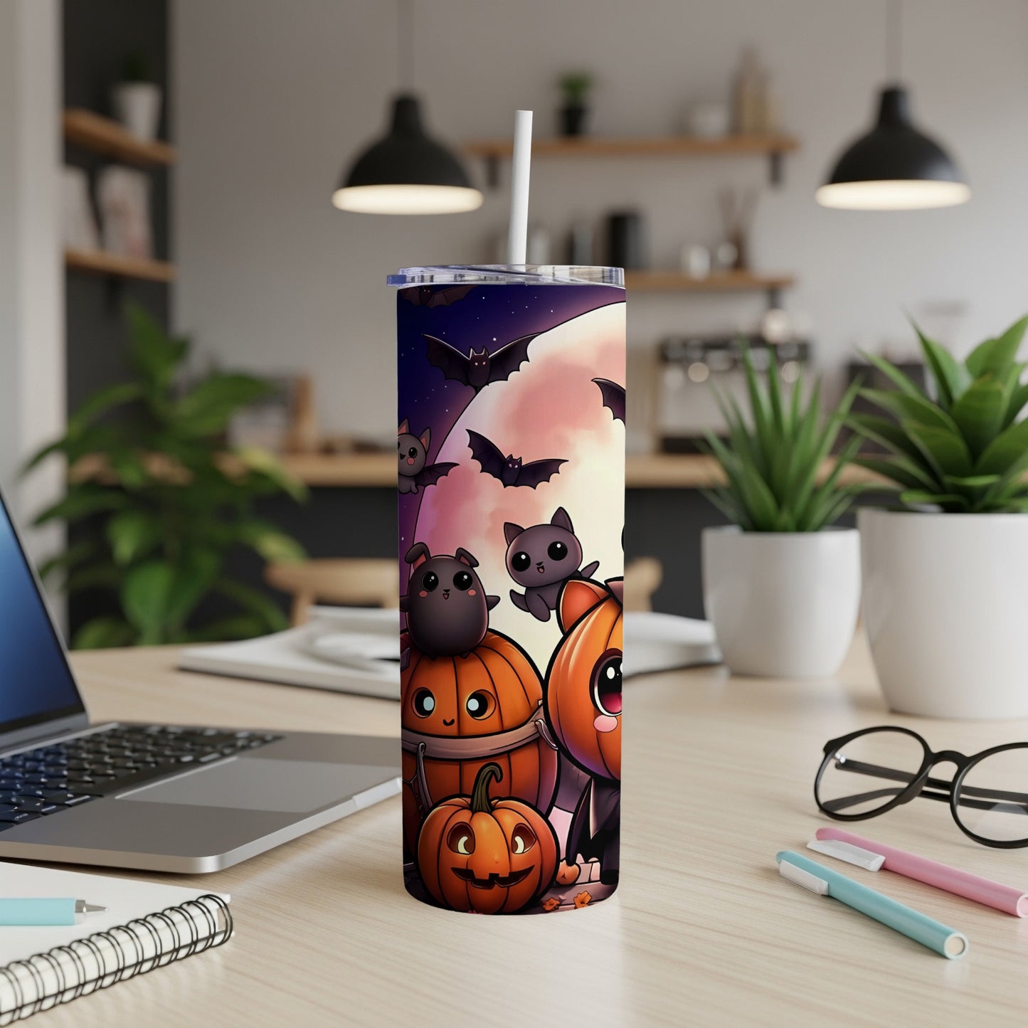 Tumbler with cute Halloween pumpkins, bats, and black cats under a full moon.