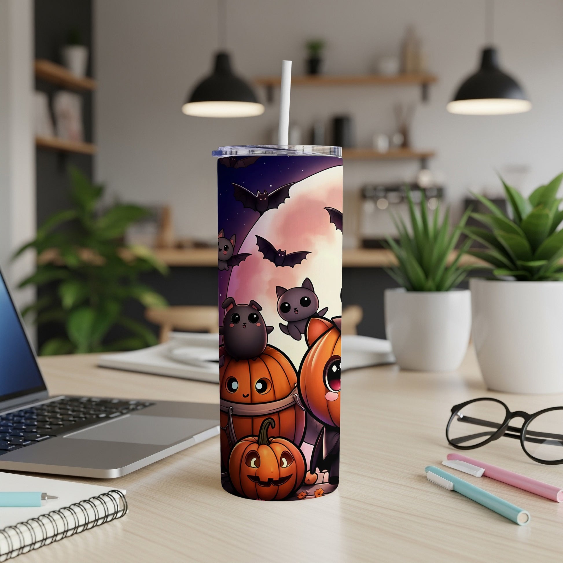 Tumbler with cute Halloween pumpkins, bats, and black cats under a full moon.
